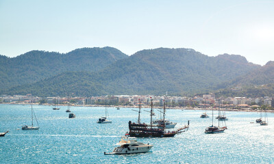 Panorama of the sea bay with yachts