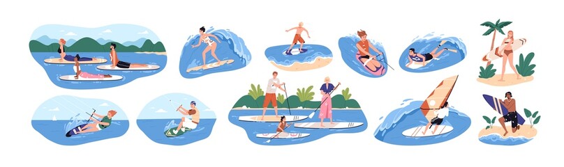Water sports set. People riding, floating and surfing on boards on waves in summer. Surfers and others during windsurfing, kiteboarding. Flat graphic vector illustrations isolated on white background - obrazy, fototapety, plakaty