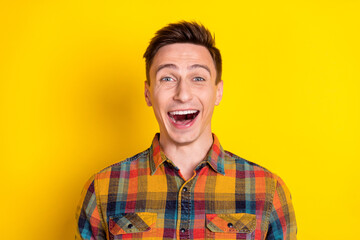 Portrait of attractive cheerful brown-haired guy good mood laughing humour having fun isolated over...
