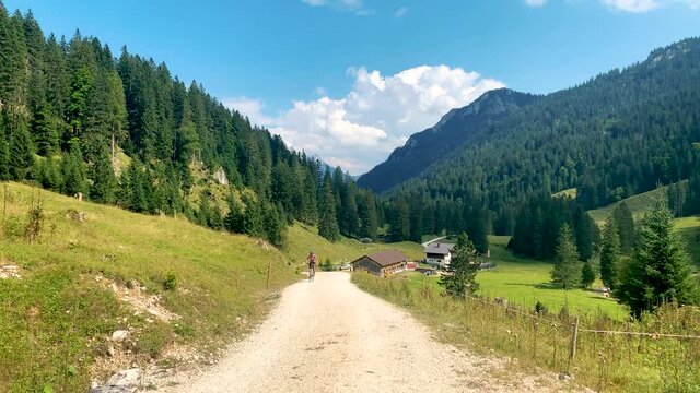 Female mountain biker riding her bicycle in the mountains of the Austria on the way from Musau to the Otto Mayr H&uuml;tte (Lechtal) with mountains, trees and clouds in the background in a sunny summer day