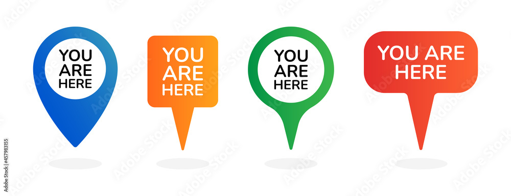 Poster you are here. location navigation pins icons set.