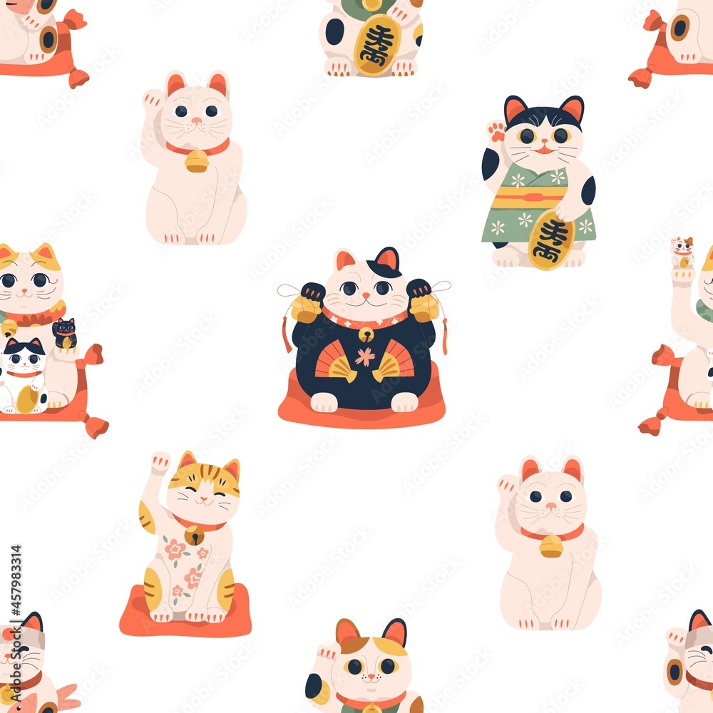 Poster seamless japanese pattern with maneki-neko cats. endless chinese background with lucky kitty dolls. 
