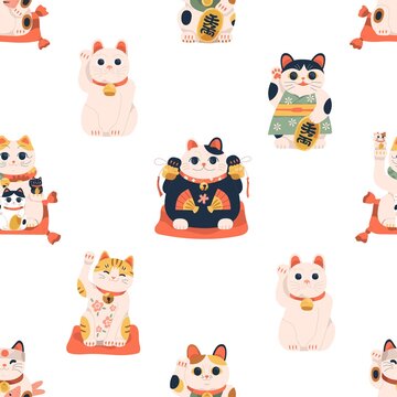 Seamless Japanese pattern with maneki-neko cats. Endless Chinese background with lucky kitty dolls. Repeating texture with Asian retro toys for good luck and money. Colored flat vector illustration