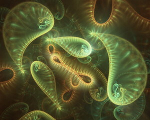 Abstract fractal art background of glowing shapes that suggest cells or microorganisms.