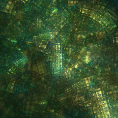 Abstract fractal art background pattern of green and gold squares, suggestive of mosaic tiles.