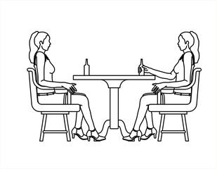 Vector design of sketch of two women eating together at the dining table