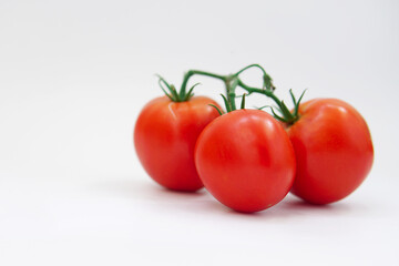 three tomatoes on a branch on a white background