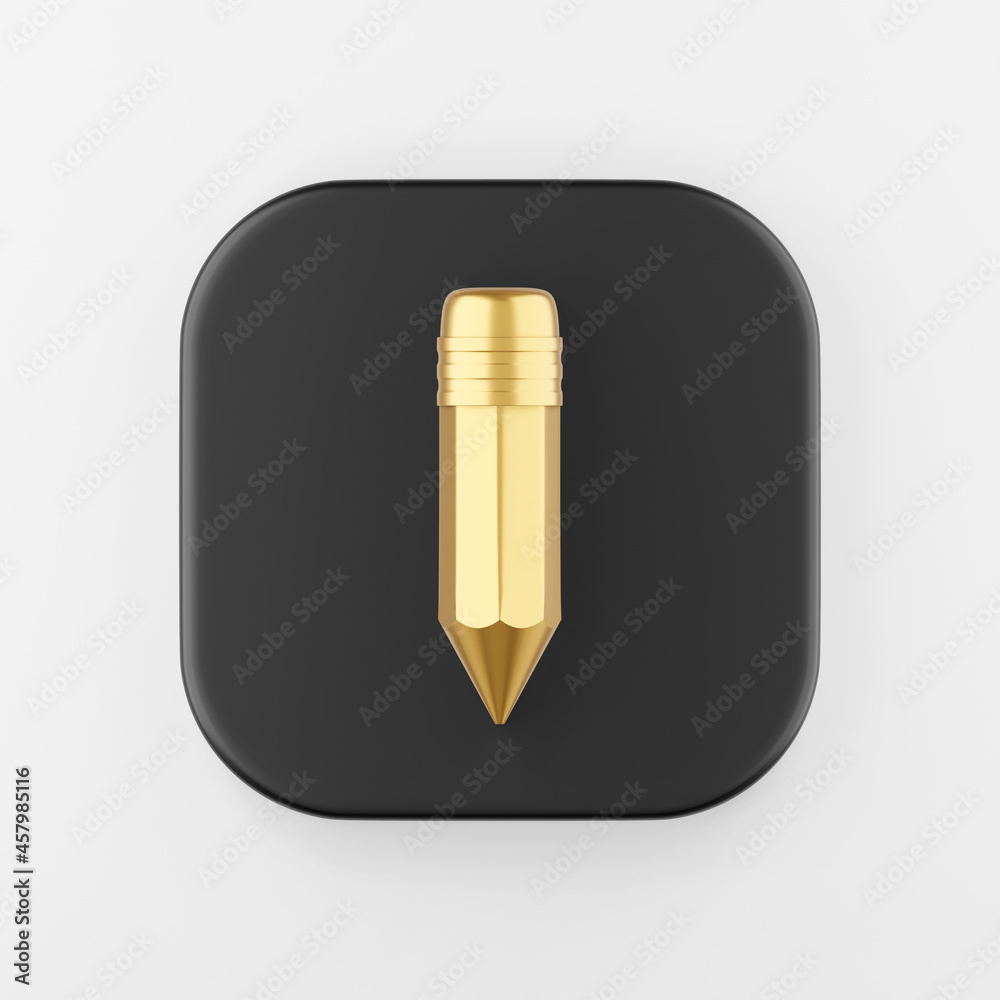 Poster gold pencil icon. 3d rendering black square key button, interface ui ux element.