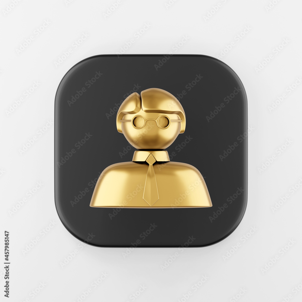 Poster golden man icon. 3d rendering black square key button, interface ui ux element.