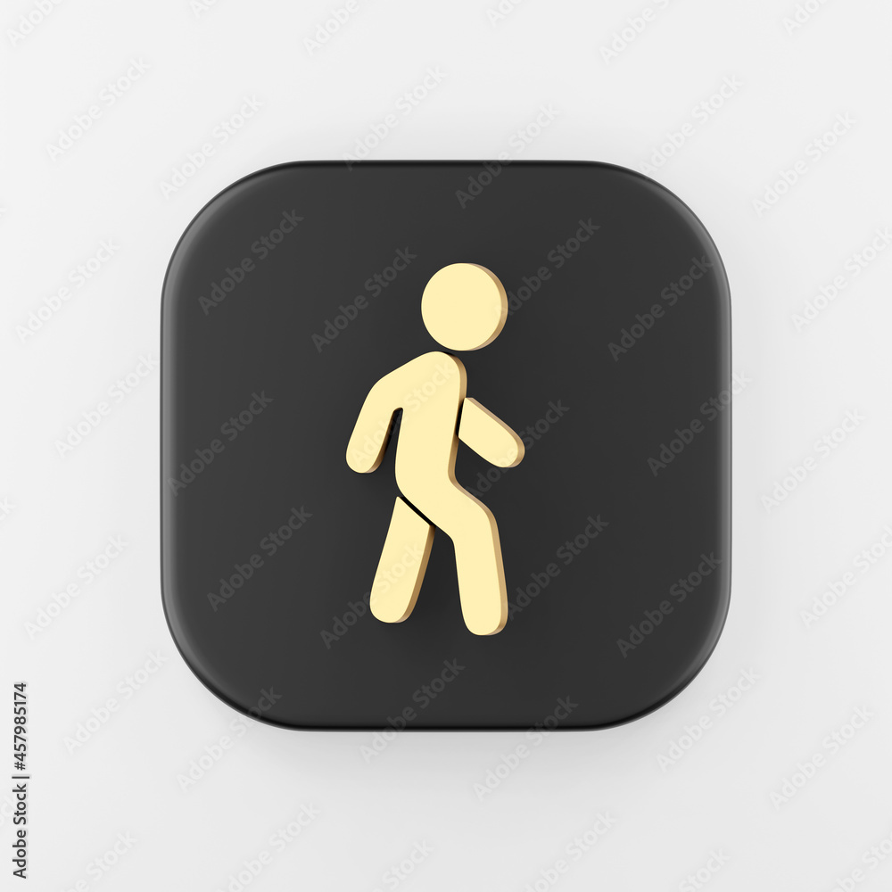 Poster golden walking man flat outline icon. 3d rendering black square button key, interface ui ux element.