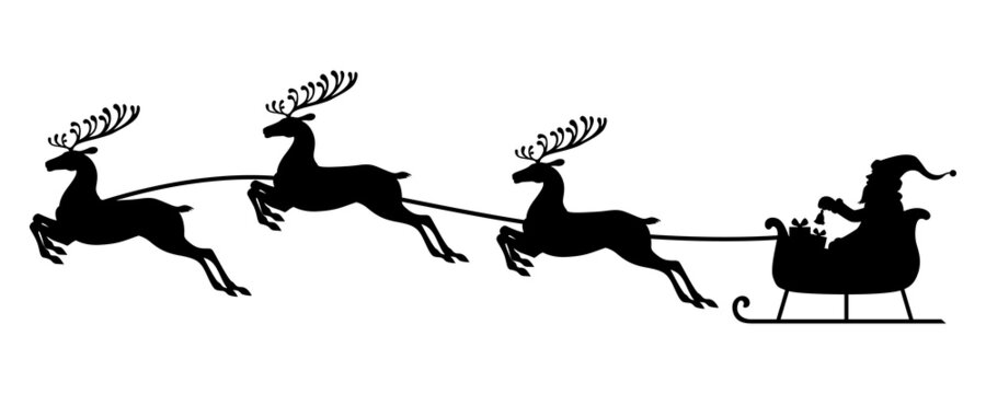 Silhouette Santa flying on deer sleigh
