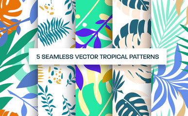 Fototapeta na wymiar Vector seamless pattern template, presentation illustration with tropical leaves