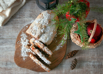 Christmas cake cake sliced into pieces. Stollen