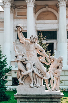 Odessa Ukraine July 2021 Statue of Laocoon and his Sons, the Laocoon Group, monumental marble sculpture. Municipal park of Odessa near Archaeological Museum