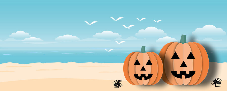 Happy Halloween with pumpkin and monster on the beach background, Halloween illustration for web, poster, flyers, ad, promotions, blogs, social media, marketing, greeting card, paper cut style.