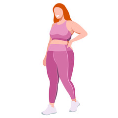 vector illustration a plus size girl in a sports uniform (leggings and a sports bra) trains, does fitness in a good mood isolated on a white background. useful for advertising sports studios, programs