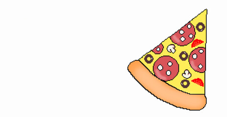 a slice of pizza is a banner on a white background.pixel art. fast food.food theme