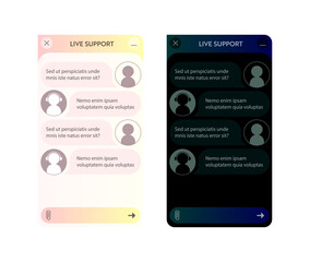 Chat bot window. Dark and Light mode. User interface of application with online dialogue. Conversation with a robot assistant
