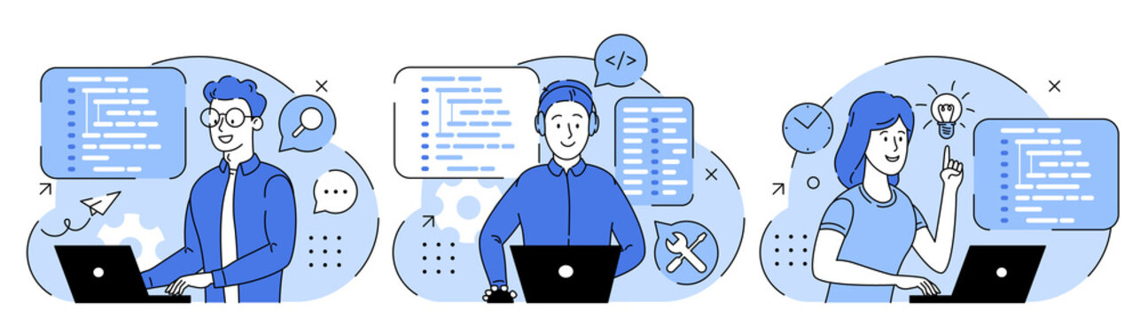 Concept of script coding, programming. A programming language. Programmer working on web development on computer. Software developers. Workplace of the programmer. Set of Flat vector illustrations