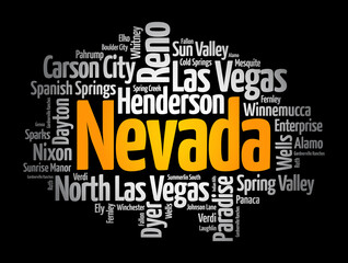 List of cities in Nevada USA state, word cloud concept background