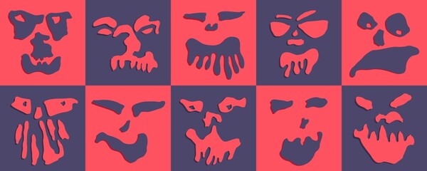 Halloween monsters set. Abstract minimalistic illustration. Hand-drawn surreal faces. Trendy aesthetic vector template