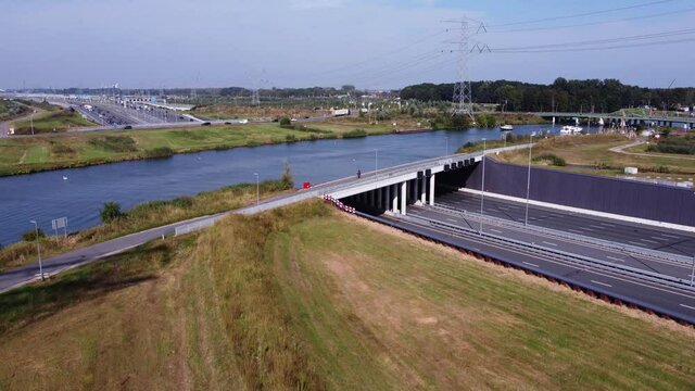 Aerial view of an aquaduct over highway A1 near Weesp, the Netherlands