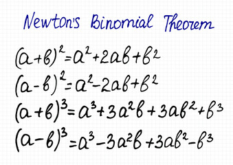 Newton's binomial theorem for the square and cube of the sum and difference of two terms.  Vector illustration of handwritten equations on a checkered sheet of paper - obrazy, fototapety, plakaty