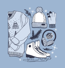 Hand drawn set with Ice Skating Things. Winter Sport vector background. Actual fashion illustration. Original doodle style drawing. Creative ink art work