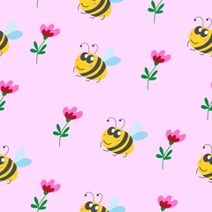 Seamless pattern children. Yellow bumblebee, pink and red flower with green leaves. Pink background. Cartoon style. Cute and funny. Summer or spring. Textile, wrapping paper, scrapbokking, wallpaper