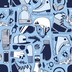 Hand drawn seamless pattern with Ice Skating Things. Winter Sport vector background. Actual fashion illustration. Original doodle style drawing. Creative ink art work