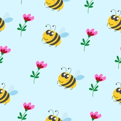 Seamless pattern children. Yellow bumblebee, pink and red flower with green leaves. Blue background. Cartoon style. Cute and funny. Summer or spring. Textile, wrapping paper, scrapbokking, wallpaper