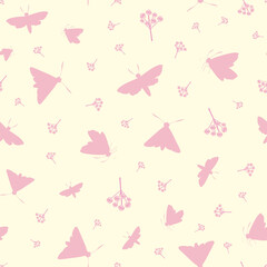 Butterfly floral vector seamless pattern background. Backdrop with varied silhouettes of butterflies and flower stems. Duotone ochre white repeat. Flying bugs plant botanical design for wellness, baby