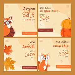 Autumn Sale Social Media Post Or Template Design With 50% Discount Offer In Four Options.