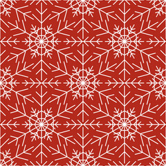 Seamless pattern with white snowflakes on red background. Festive winter traditional decoration for New Year, Christmas, holidays and design. Ornament of simple line repeat snow flake