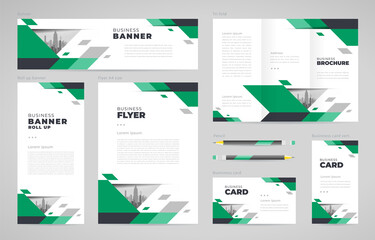 Geometric abstract theme Set flyer cover, tri-fold, banner, roll up banner, business card blue color