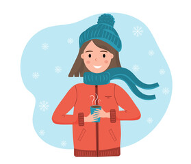 Happy smiling girl in winter cloth with cup of hot drink in her hands. Falling snowflakes. Girl in warm cloth. Winter mood. Hello winter. Vector illustration.