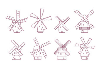 Set of contour silhouettes of dutch windmills in realistic vector illustration isolated
