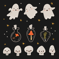 Halloween set. Cute ghosts, skulls and magic bottles. Autumn mood. Night sky.