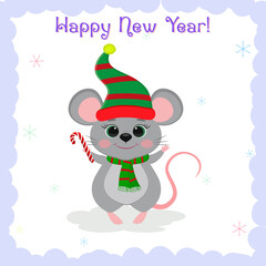 Merry Christmas and Happy New Year. A cute gray mouse in an Elf s hat and scarf holds a lollipop on a white background, snowflakes. Cartoon, vector
