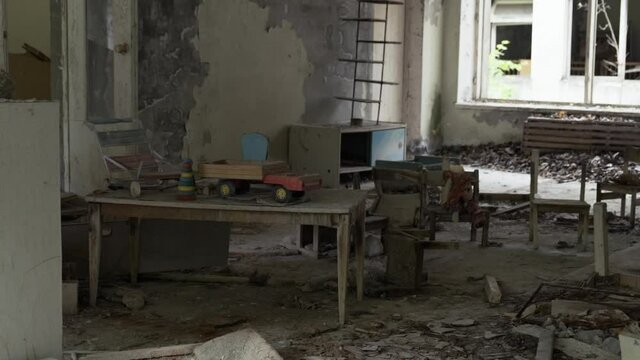 Old, broken, dusty, dirty interior an abandoned preschool in ghost town Pripyat. Chernobyl Exclusion Zone, Ukraine