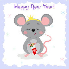 Merry Christmas and Happy New Year. Cute gray mouse princess in a crown holds Santa s sock with sweets on a white background, snowflakes. Cartoon, vector