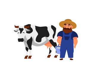 Farmer holding bucket of milk, milked from Holstein cow in flat vector illustration