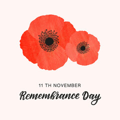 Remembrance Day minimalistic card. Red watercolour poppies decorated by golden lines as symbol of commemoration. Hand sketch lettering remembrance day.