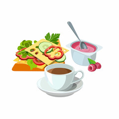 Sample breakfast of sandwich with tasty toast, vegetables, salad and cheese, fruit yogurt and cup of coffee. Brunch healthy start day options food. Vector illustration.