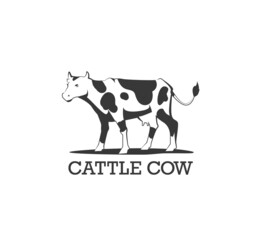 Black and white cow stands sideways in flat vector illustration isolated