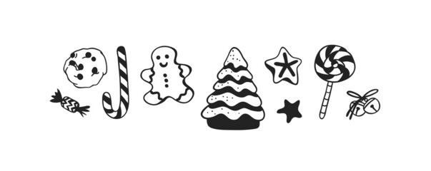 Hand drawn Christmas set of sweets on white background. Creative Holidays ink art work. Actual vector doodle drawing and text MERRY CHRISTMAS