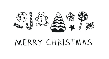 Hand drawn Christmas set of sweets on white background. Creative Holidays ink art work. Actual vector doodle drawing and text MERRY CHRISTMAS