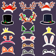 Happy New Year and Merry Christmas. A set of sixteen stickers of different hats and accessories for the New Year holidays in a white outline. Flat style vector