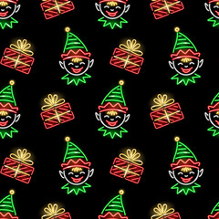 Christmas seamless pattern with neon icons of elves faces and  gift boxes on black background. Winter holidays, Boxing Day, X-mas, New Year concept for wallpaper, wrapping. Vector 10 EPS illustration.