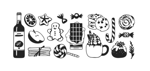 Hand drawn Christmas frame of food: candy cane, pudding, gingerbread cookies, tea or coffee, latte, chocolate, wine on white background. Creative Holidays ink art work. Actual vector doodle drawing